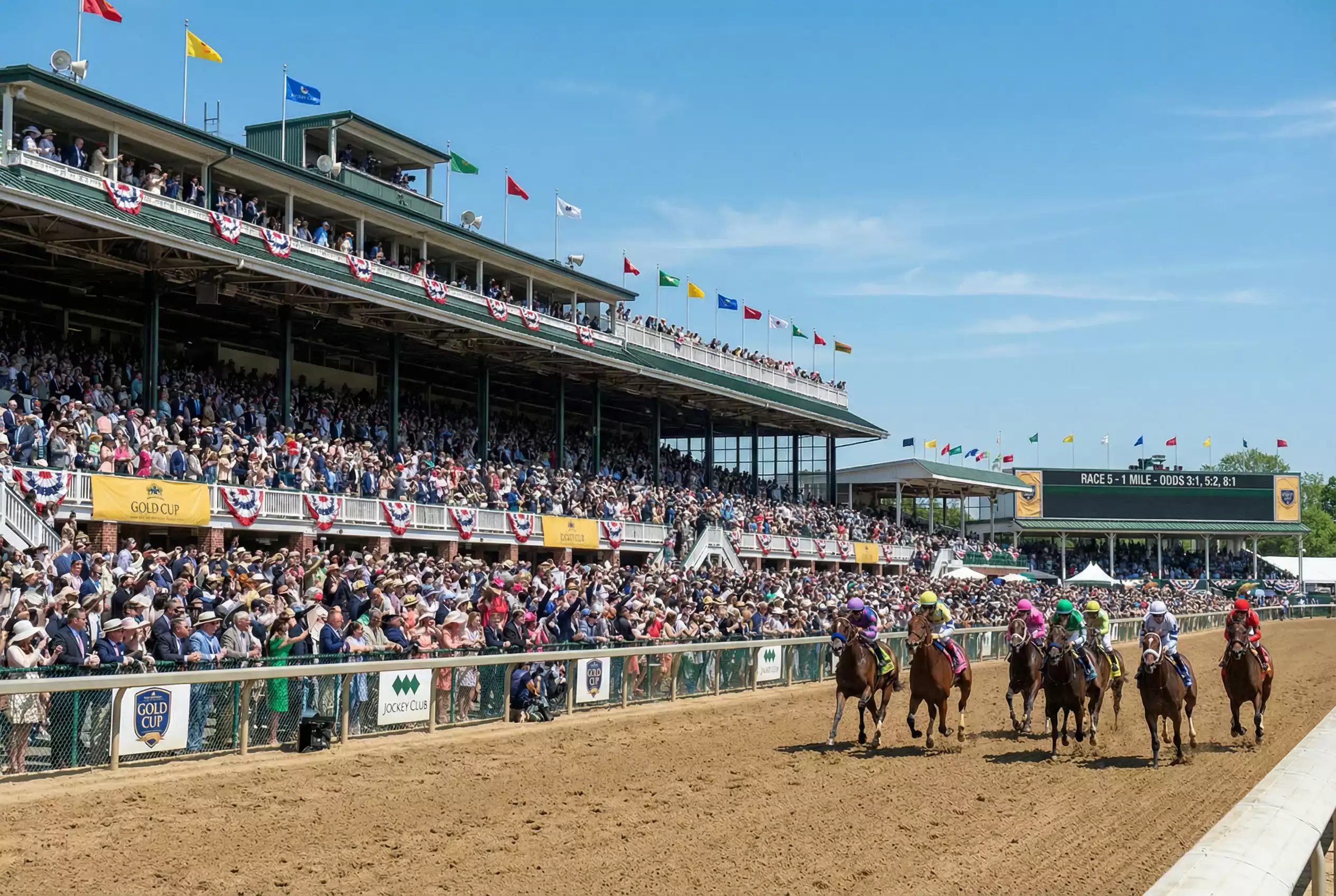 Arquibancadas lotadas em dia de grande corrida de cavalos com pista de areia ao fundo