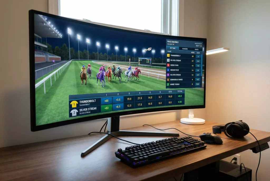 Corrida de cavalos virtual com interface de apostas e RNG