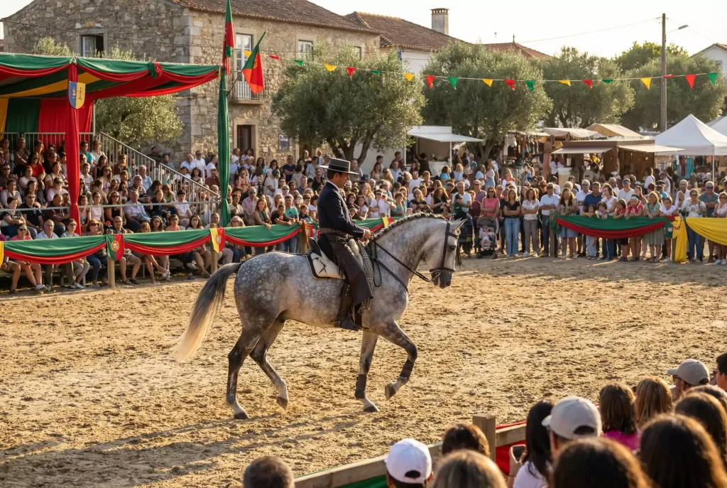 Cultura equestre portuguesa com cavalo Lusitano e Feira da Golegã