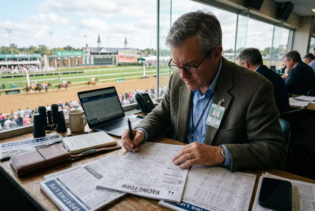 Handicapper analisando dados de corrida de cavalos antes do páreo