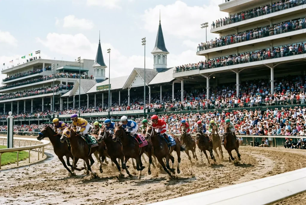 Kentucky Derby em Churchill Downs com cavalos puro-sangue na reta final